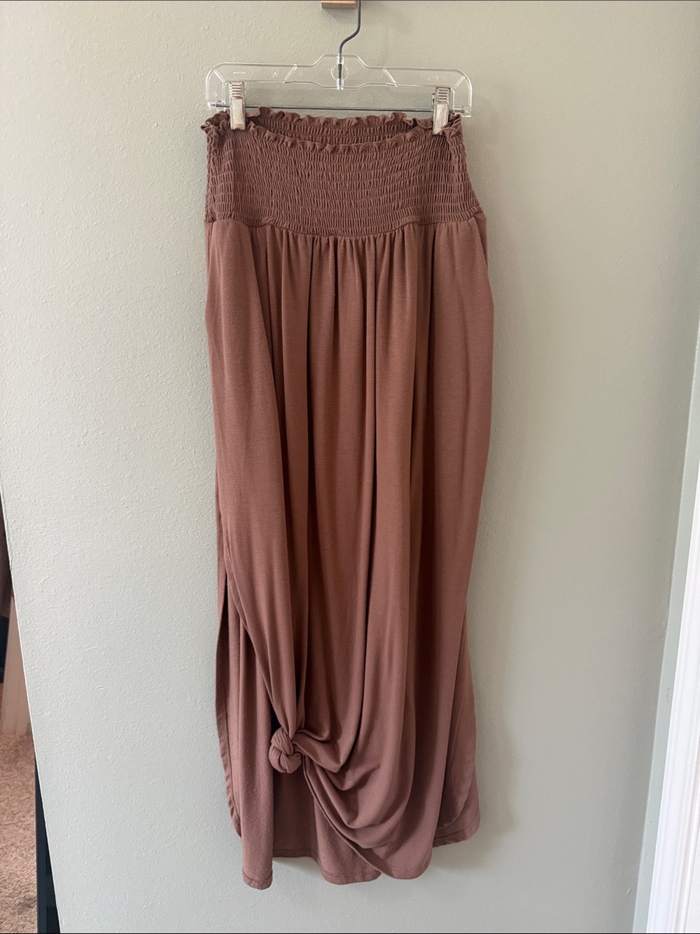 Smocked Waist Maxi Skirt in Dusty Brown